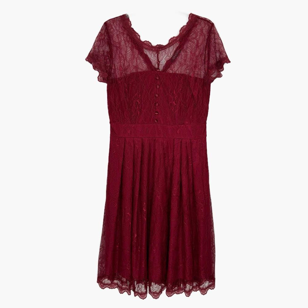NWT Owin Burgundy Lace‎ Sheer Lined Button Pleated A-Line Midi Dress Sz Large